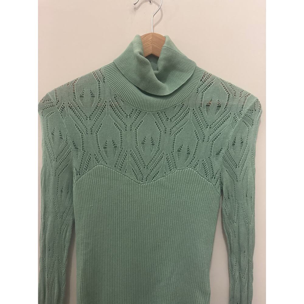 Free People Pretty in Pointelle Green Bodysuit Small Turtleneck Lace Crochet - Picture 2 of 5